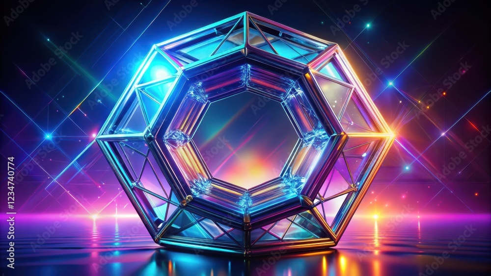 Wall mural a reflective, iridescent geometric shape with a multifaceted design, bathed in an array of neon ligh