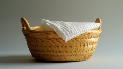 Woven wicker basket with white cloth on gray background Copy Space