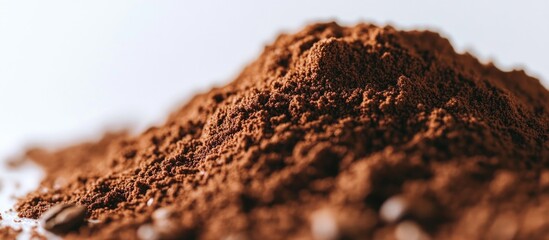 Ground coffee powder pile on a clean surface with coffee beans visible in the background and Copy Space for text placement