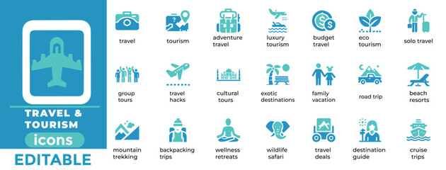 Travel and Tourism vector icons editable, scalable, and perfect for websites, brochures, apps, and marketing materials.eps