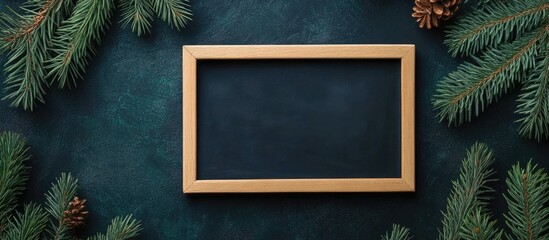 Wooden frame on dark surface surrounded by pine branches and cones with Copy Space for text placement
