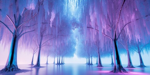 A dense canopy of glowing vines hanging from radiant metallic trees