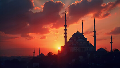 Ramadan Background Twilight Sky in the Evening with a vibrant Sunset, casting a golden light on a majestic mosque silhouetted against the horizon, with a crescent moon peeking through the clouds.