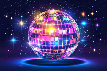 Obraz premium Vibrant disco ball reflecting colorful lights in party atmosphere. Concept of retro dance culture and nightlife excitement