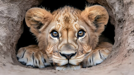 Fototapeta premium Lion cub peering from den, savanna background, wildlife photography