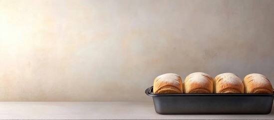 Freshly baked bread rolls in a black baking tray on a wooden countertop with light textured background and ample copy space for text