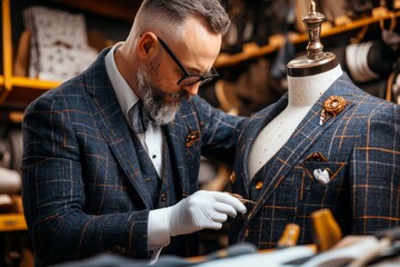 A tailor fitting a custom suit on a mannequin, focusing on the details of the stitching and fabric