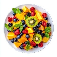 Obraz premium A vibrant fruit salad with mango, kiwi, and berries