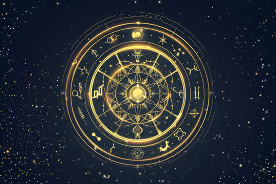 Golden zodiac wheel with astrological symbols on dark cosmic background. Concept of astrology and destiny
