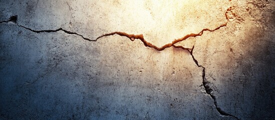 Cracked concrete wall texture with gradient lighting in blue and orange tones suitable for background use Copy Space