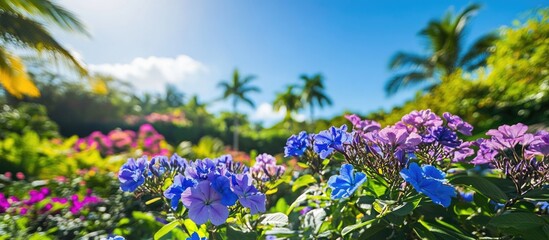 Obraz premium Vibrant tropical garden with blooming flowers under bright blue sky and sunlight Copy Space