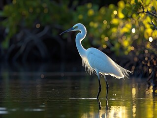 Naklejka premium Elegant white egret in shallow water with bokeh lights in the background and golden hour light