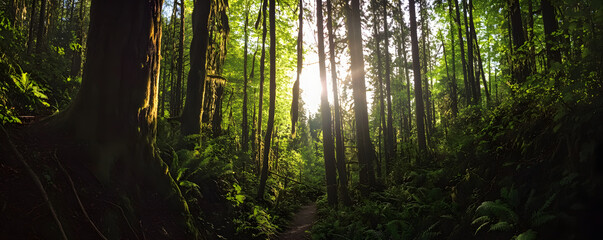Fototapeta premium Sunlight filtering through tall trees in a lush, green forest