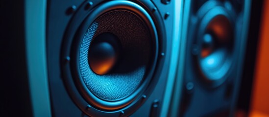 Close-up of black audio speakers with a blue and orange gradient background and visible texture...