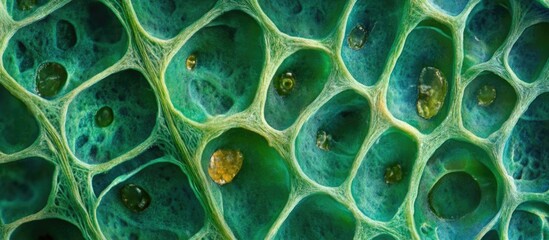 Green cellular structure with interconnected walls and organic patterns suitable for scientific or educational purposes Copy Space