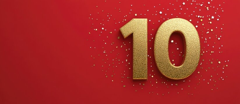 Gold glittery number ten on a red background with copy space for text or promotional use. - Powered by Adobe