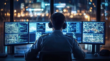 Naklejka premium A security guard in uniform is sitting at multiple computer screens, observing the data on the screens with focused attention and wearing headphones