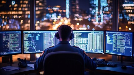 A security guard in uniform is sitting at multiple computer screens, observing the data on the screens with focused attention and wearing headphones