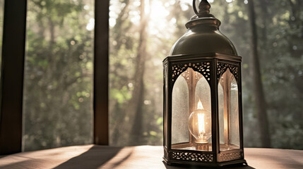illuminated moroccan lantern with edison bulb in a serene sunlit setting, brass metal with glass panels and intricate design, ambient atmospheric indoor photography near window