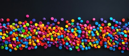 Colorful round pebbles scattered on a dark surface with Copy Space for text insertion