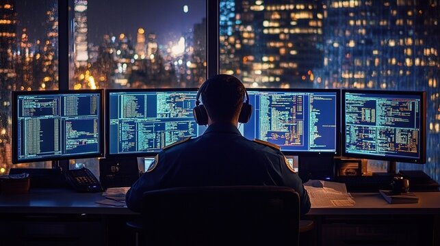 A security guard in uniform is sitting at multiple computer screens, observing the data on the screens with focused attention and wearing headphones