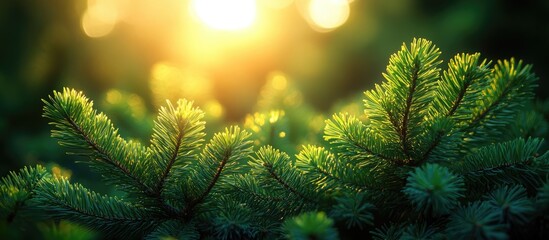 Close-up of pine tree branches with sunlight filtering through leaves creating a bokeh effect Copy Space