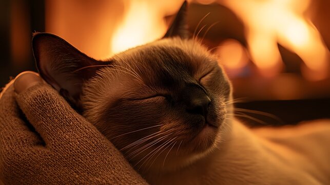 A relaxed cat resting peacefully next to a warm fireplace, with golden and orange hues illuminating its fur, embodying calm and coziness during a chilly evening