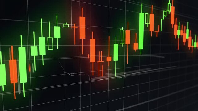 Red and green candlestick charts in a floating 3D space with motion-trail effects, spikes, and dips, representing real-time stock fluctuations