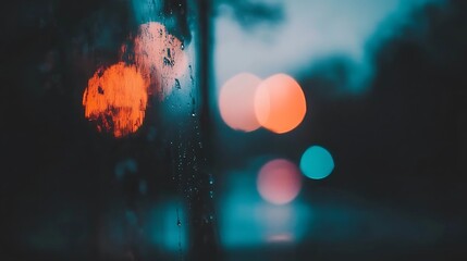 Fototapeta premium Rainy window with blurred street lights at night