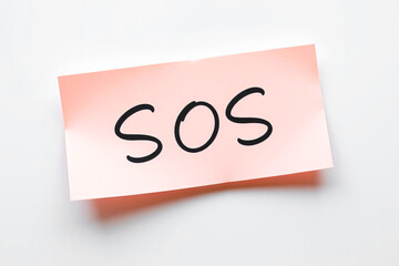 Text SOS on pink note on white background