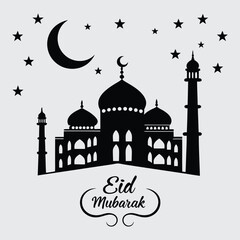 A silhouette of a grand mosque with a crescent moon and stars in the background, with 