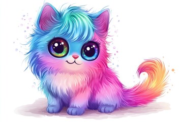 Rainbow kitten, playful pose, white background, digital art, child's book illustration