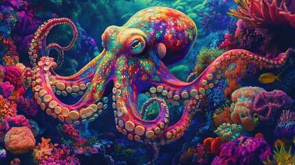 A vibrant and colorful octopus gracefully swimming amidst the coral reefs of an underwater world, its tentacles elegantly swaying in harmony with the marine life.