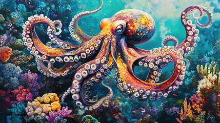 Obraz premium A vibrant and colorful octopus gracefully swimming amidst the coral reefs of an underwater world, its tentacles elegantly swaying in harmony with the marine life. 