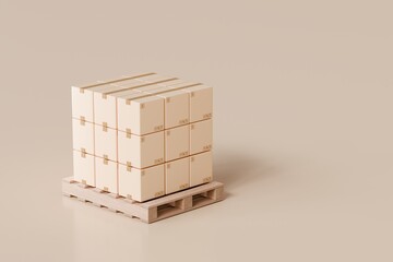 3d Stack of cardboard boxes on wooden pallet icon. Transportation cargo concept. logistic and Warehouse concept. Cartoon Wooden pallet. Isolated on transparent brown background. 3d render illustration