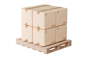 3d Stack of cardboard boxes on wooden pallet icon. Transportation cargo concept. logistic and Warehouse concept. Cartoon Wooden pallet. Isolated on transparent brown background. 3d render illustration