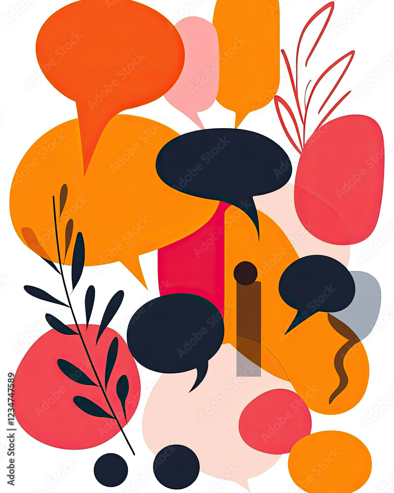 Poster Bright and Bold Overlapping Speech Bubbles Create a Playful Dialogue on a Neutral Canvas