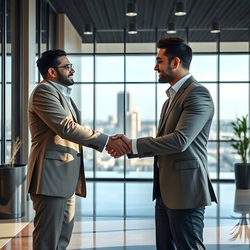 Un empresario hispano confiado le da la mano a un cliente en un lobby corporativo de alto nivel, lo que significa un acuerdo comercial exitoso. El fondo presenta grandes ventanales, vistas a la ciudad