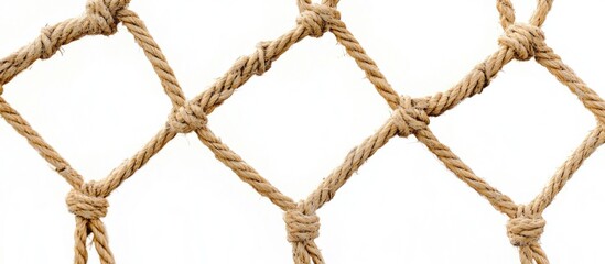 Close-up of a vintage rope net with diamond patterns and knots on a white background suitable for various design purposes Copy Space