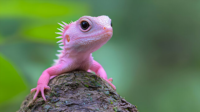 Pink lizard on rock, lush green background, nature photography, wildlife