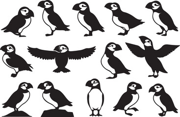 A variant style of puffin silhouette vector, flying and stand puffin bird silhouette, flat birds icon illustration design, isolated on a white background