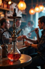 hookah on the table, hookah bar, people smoking hookah