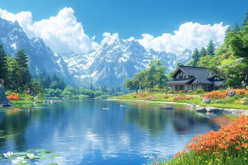 Obraz premium Serene mountain landscape with a tranquil lake and vibrant flowers.