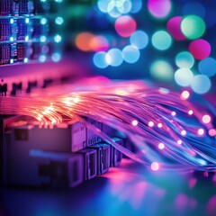 Obraz premium Fiber optic cables glow brightly, data center bokeh background, technology concept