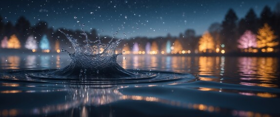 Fototapeta premium Water splash creating ripples and sparkles during a nighttime event near a lake with illuminated surroundings.