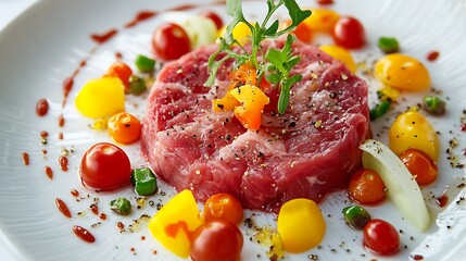 Raw meat dish with tomatoes on plate, food use