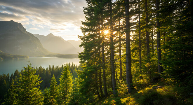sunset in the forest - Powered by Adobe
