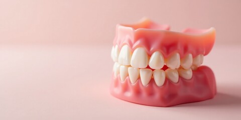 Obraz premium Close-up view of a dental model showcasing healthy, bright white teeth set within realistic pink gums, ideal for educational or promotional purposes.