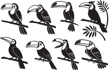 A variant style of toucan silhouette vector, flying bird silhouette, flat birds icon illustration design, isolated on a white background.