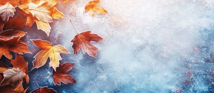 Autumn leaves in vibrant orange and yellow tones on a frosty blue background with Copy Space for text placement